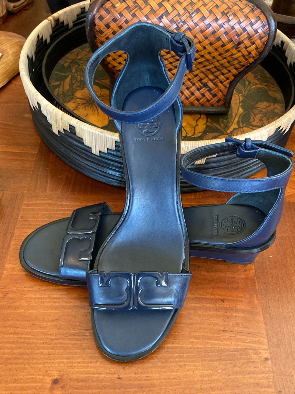 Tory Burch Navy Leather Ankle-Strap Wedge Sandals with T Logo Toe